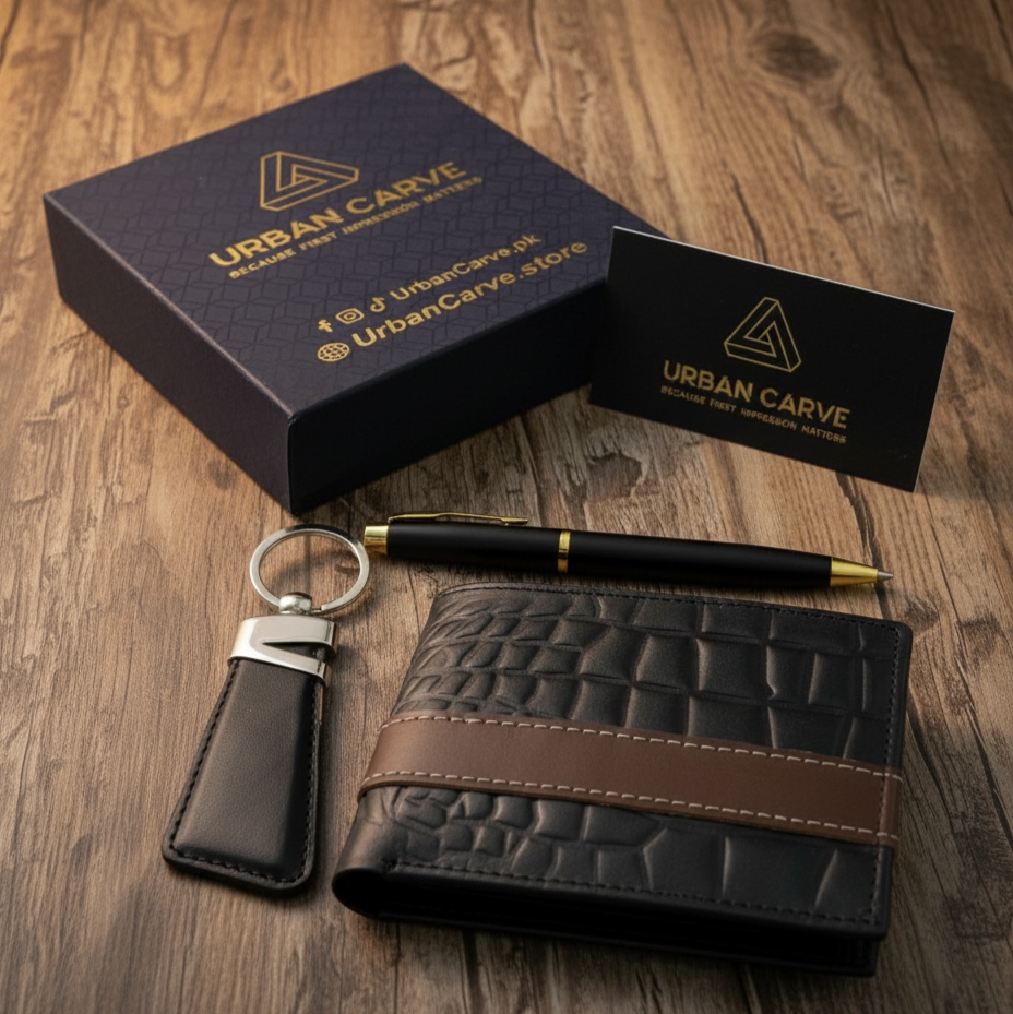 Legacy Set for Him: Premium Textured Wallet, Keychain & Pen