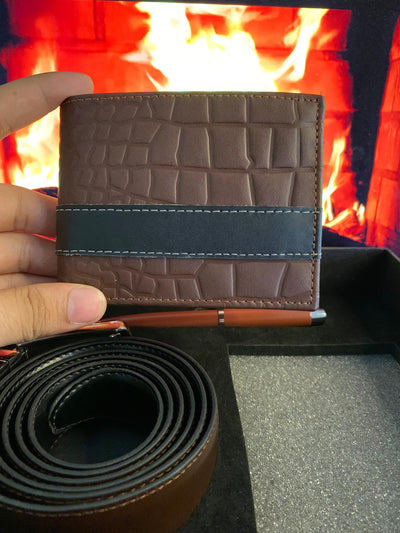 Signature Series Gift Box – Crocodile Textured Leather Wallet, Belt & Executive Pen