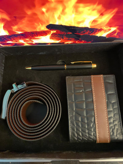 Signature Series Gift Box – Crocodile Textured Leather Wallet, Belt & Executive Pen
