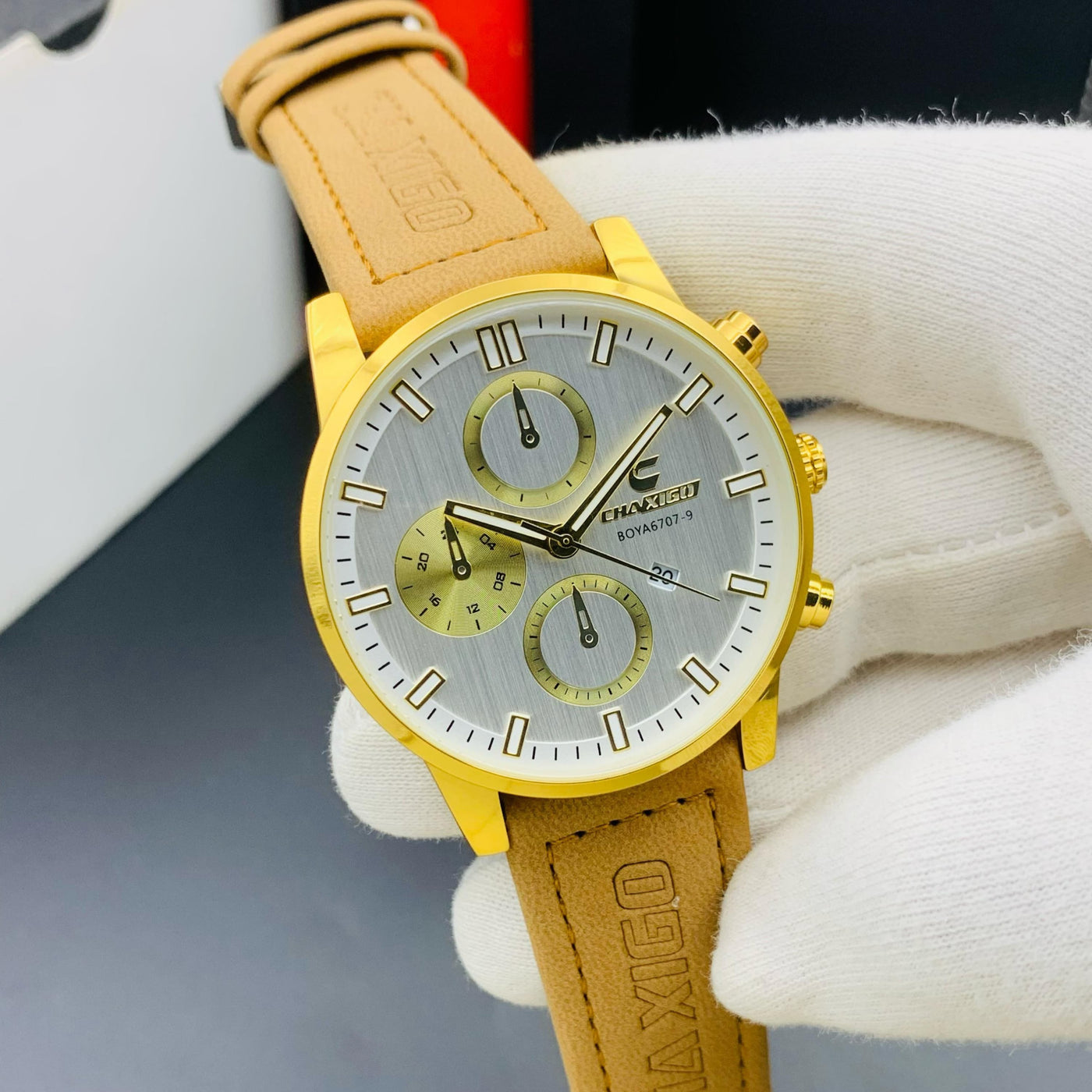 CHAXIGO Men's Quartz Leather Watch – Classic Alloy Case, Waterproof, Large Dial – Model 6707-9