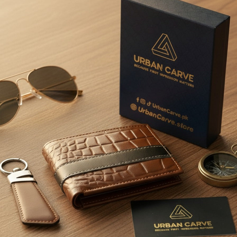 Luxury Crocodile Texture Wallet & Keychain Combo in Gift Box